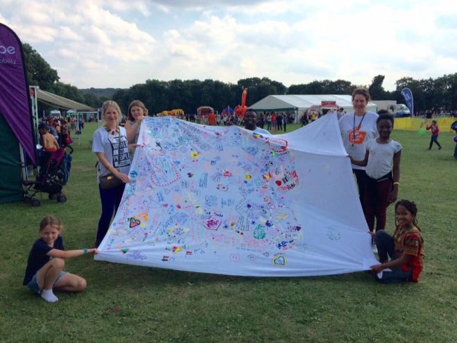 A special canvas filled with messages from hundreds of children at Breeze for Lebanon